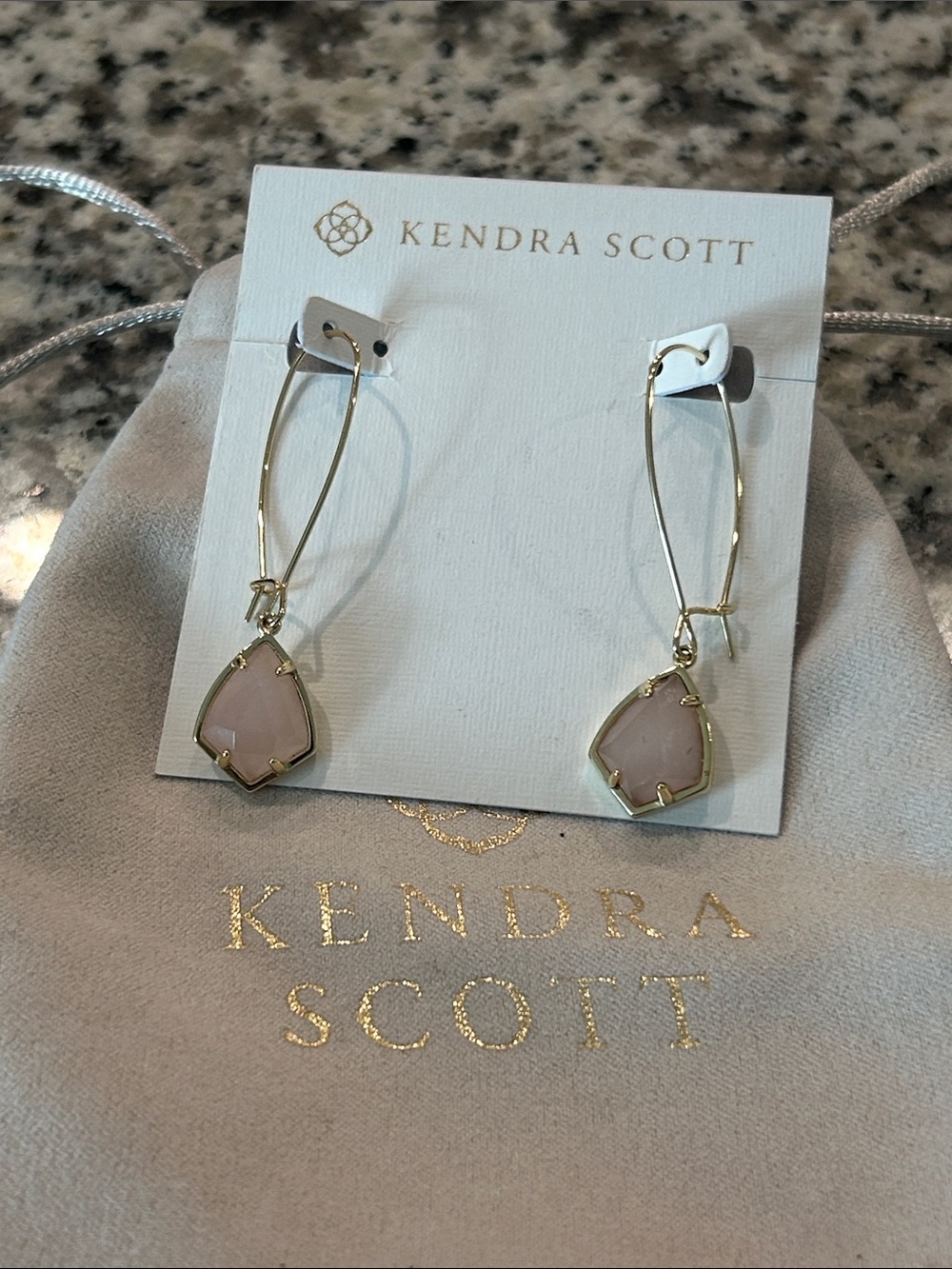 Kendra Scott Gold Tone Long Drop Earrings Pink Stone EUC